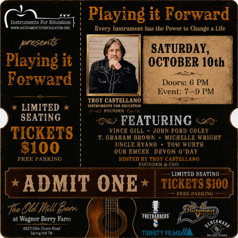 A poster for the "Playing it Forward" event, featuring Troy Castellano and other musicians, is displayed with event details and ticket information in the foreground, and a portrait of Troy Castellano and the event's title in the background.