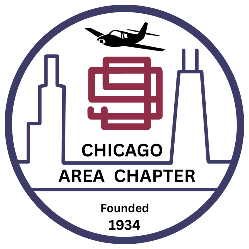 A circular emblem features a silhouette of a small airplane flying over a stylized Chicago skyline, with the text "CHICAGO AREA CHAPTER" and "Founded 1934" below a maroon geometric design.