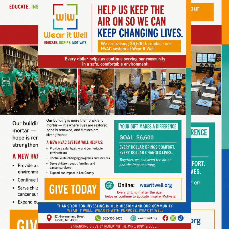 A group of people in green shirts stand in the foreground, while the background features various images of people working and a donation goal.