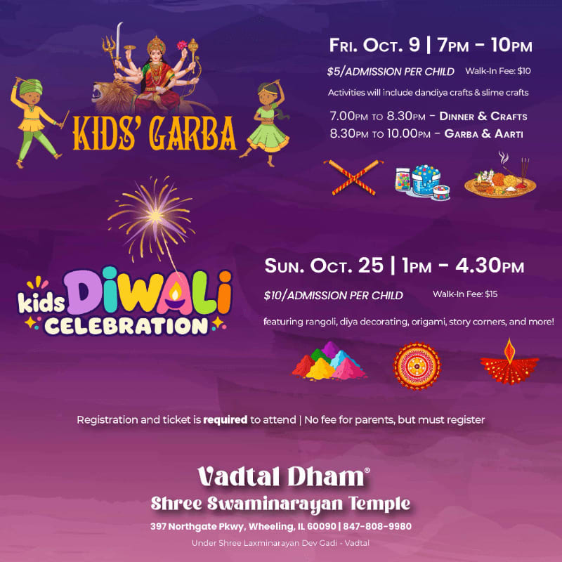 Colorful illustrations of children dancing and fireworks are in the foreground, while event details for "Kids' Garba" and "Kids Diwali Celebration" are in the background.
