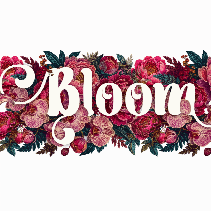 A white cursive word "Bloom" is overlaid on a lush arrangement of pink orchids and deep red peonies, with dark green foliage filling the background.