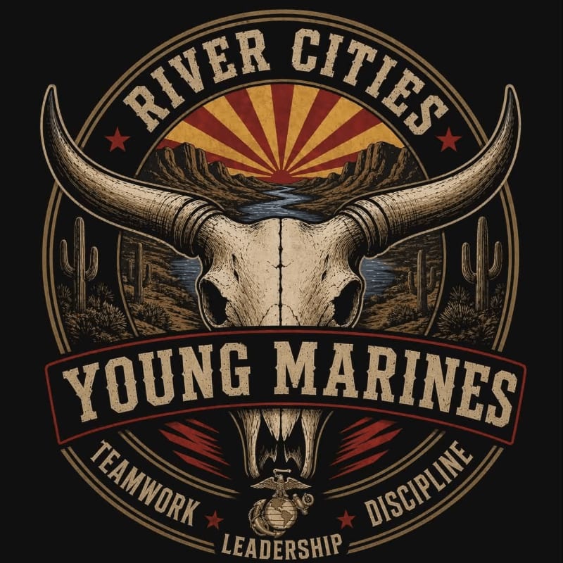 A longhorn skull with "Young Marines" emblazoned across it is set against a desert landscape with a river and mountains in the background.