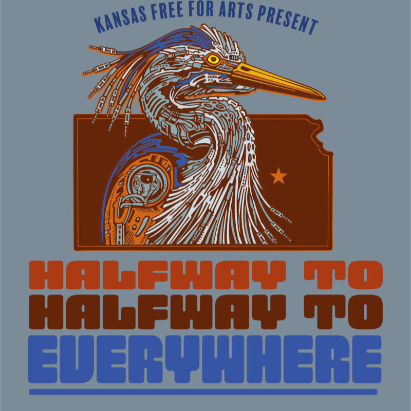 A mechanical heron with intricate details stands within the outline of Kansas, set against a muted blue background with bold, retro-style text below.
