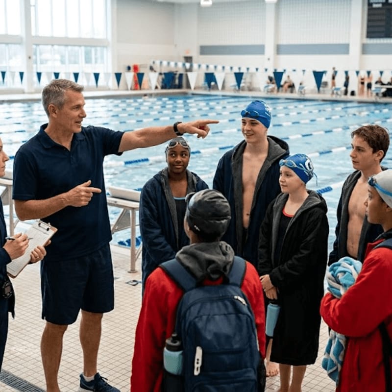 A coach gestures to a group of young swimmers in swim caps and robes in the foreground, with a large indoor swimming pool and spectators in the background.