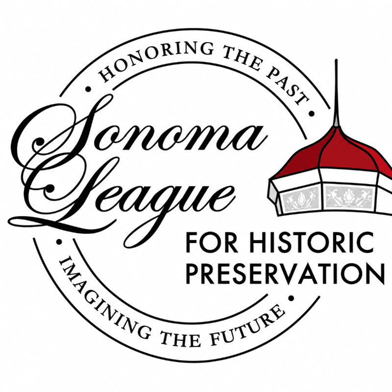 A circular logo with the words "Sonoma League" in elegant script and "Honoring the Past, Imagining the Future" in a circle around it, is accompanied by a stylized drawing of a red and white domed structure.