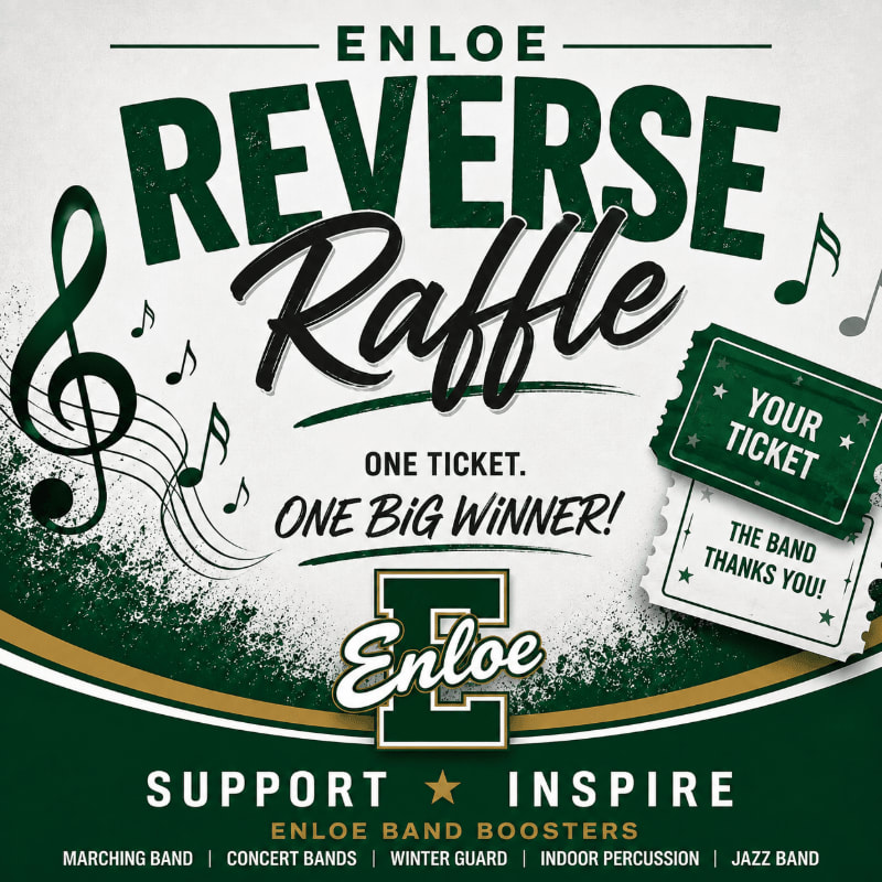 Musical notes and a treble clef frame the "Enloe Reverse Raffle" text in the foreground, while a green and white "Enloe" logo and raffle tickets are visible in the background.