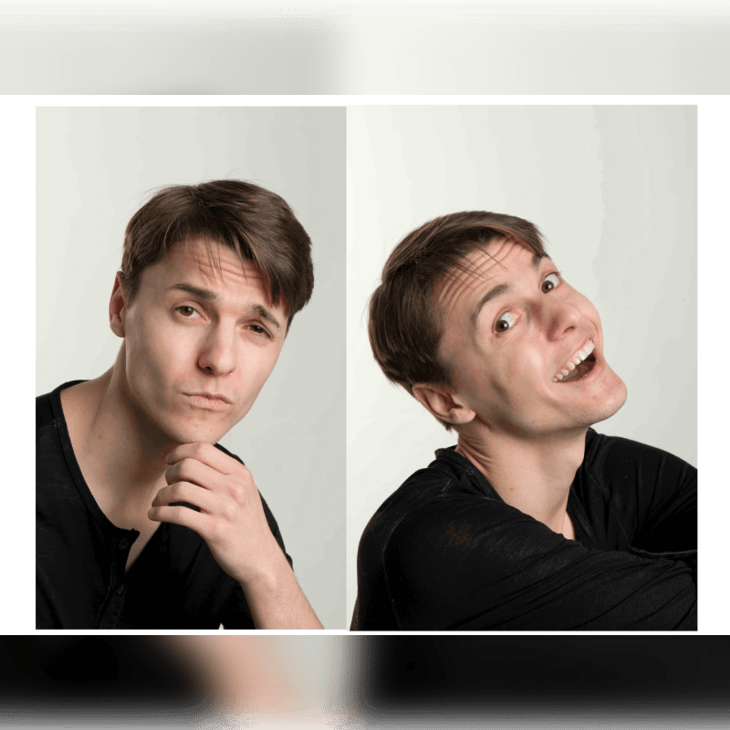 Two portraits of a man with brown hair and a black shirt are shown against a plain white background, with the left image showing a pensive expression and the right image displaying a wide smile.