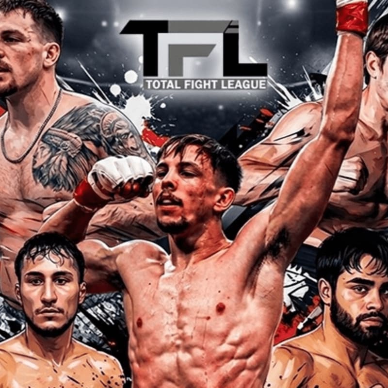 Four muscular fighters are featured in the foreground, with the "TOTAL FIGHT LEAGUE" logo prominently displayed in the background.