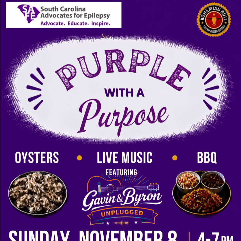 A purple flyer advertises a "Purple With A Purpose" event featuring oysters, live music by Gavin & Byron Unplugged, and BBQ, with logos for South Carolina Advocates for Epilepsy and Bohemian Boil in the background.