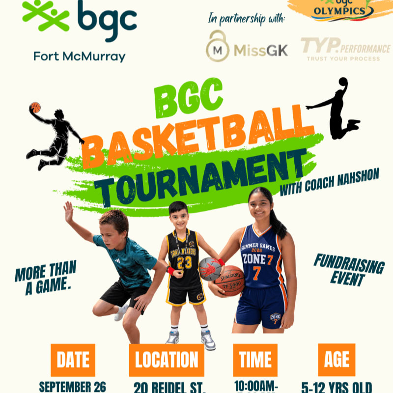 Three young basketball players are featured in the foreground, with tournament details and sponsor logos in the background.