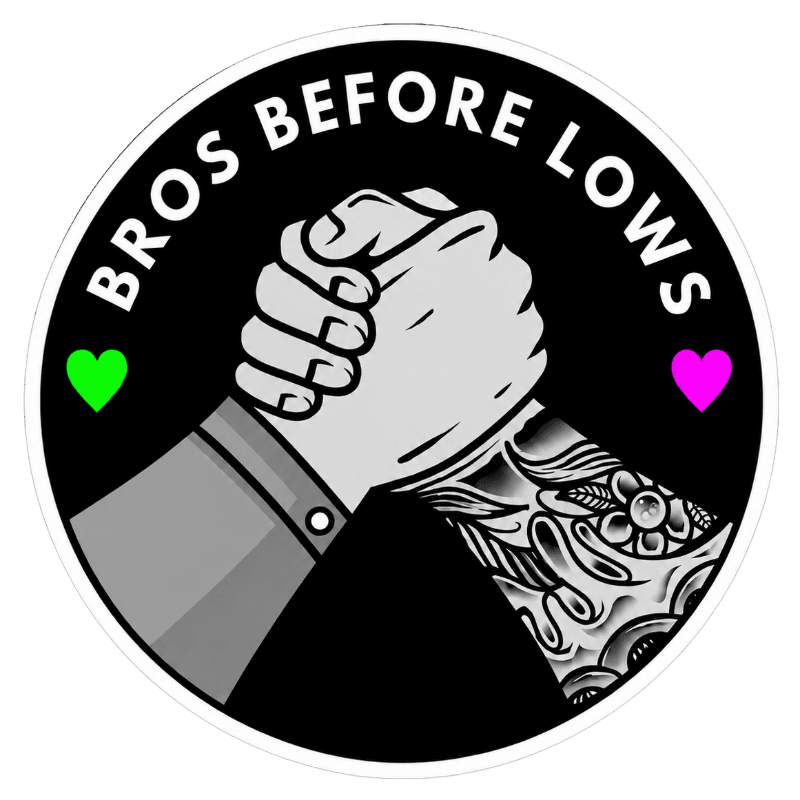 Two hands, one tattooed and the other in a suit, clasp in a handshake against a black background with the words "BROS BEFORE LOWS" and two hearts.