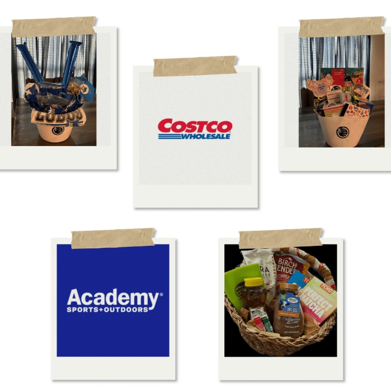 Five framed images are displayed, with the top center featuring the Costco logo, the top left and right showing gift baskets, and the bottom left displaying the Academy Sports + Outdoors logo, while the bottom right showcases another gift basket.