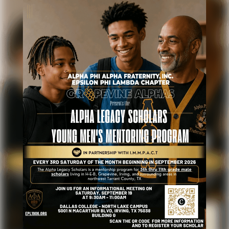 Three smiling men of color are featured in the foreground against a dark background with text announcing a young men's mentoring program.