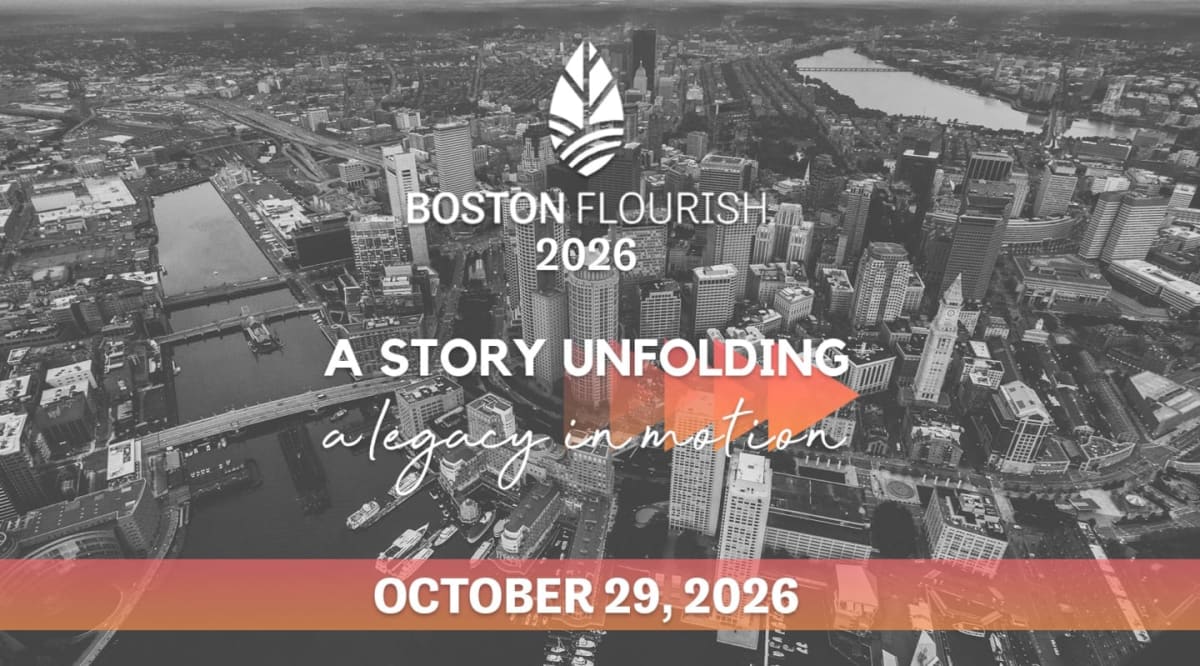 A black and white aerial view of Boston with text overlaying the cityscape, featuring a logo, event title, tagline, and date.