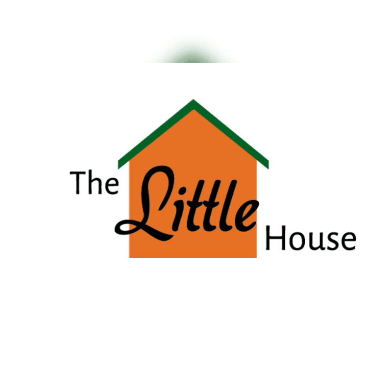 An orange house with a green roof is centered on a white background, with the words "The Little House" written in black text to the left and right of the house.
