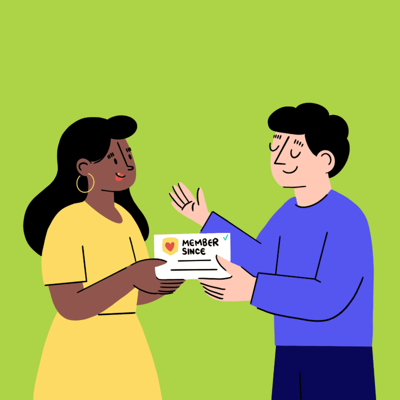 A woman in a yellow dress hands a "Member Since" card to a man in a blue shirt against a green background.