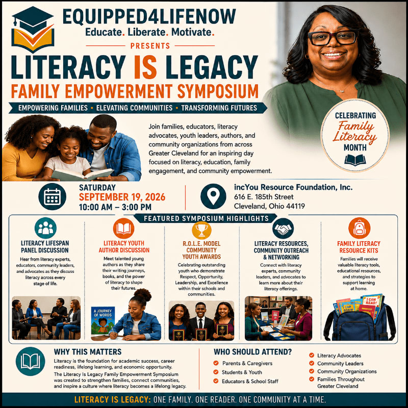 A flyer for the "Literacy is Legacy Family Empowerment Symposium" features a smiling woman in the upper right corner and a diverse group of people reading together in the upper left, with event details and highlights filling the rest of the space.