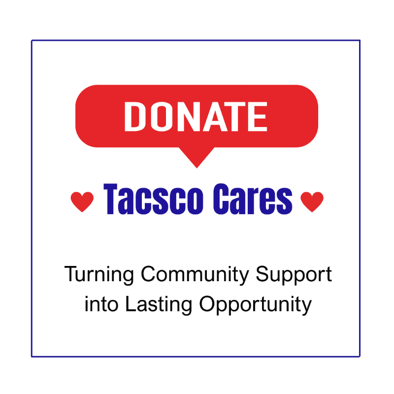 A red "DONATE" button is above the words "Tacsco Cares" with hearts on either side, all set against a white background with a blue border.