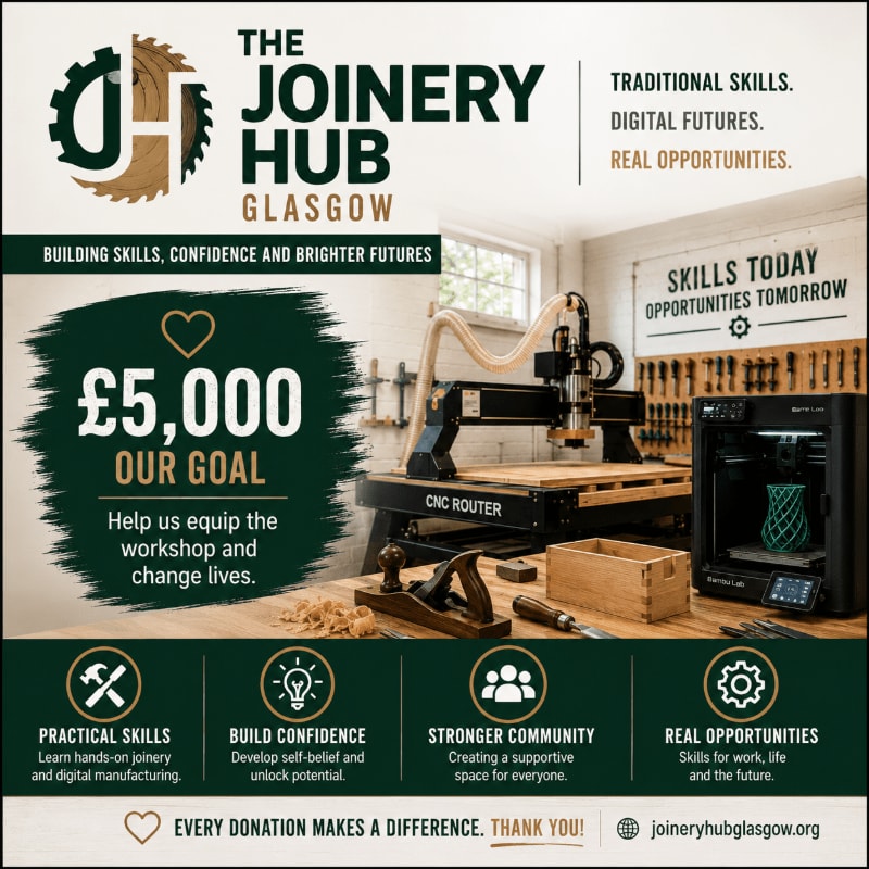 A workshop with a CNC router and 3D printer in the foreground is set against a backdrop of tools and motivational text.
