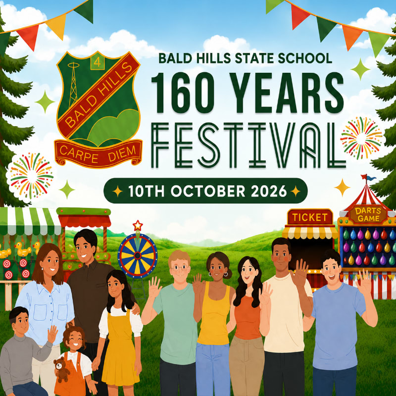 A diverse group of people wave in the foreground with carnival stalls and fireworks in the background celebrating Bald Hills State School's 160 Years Festival.