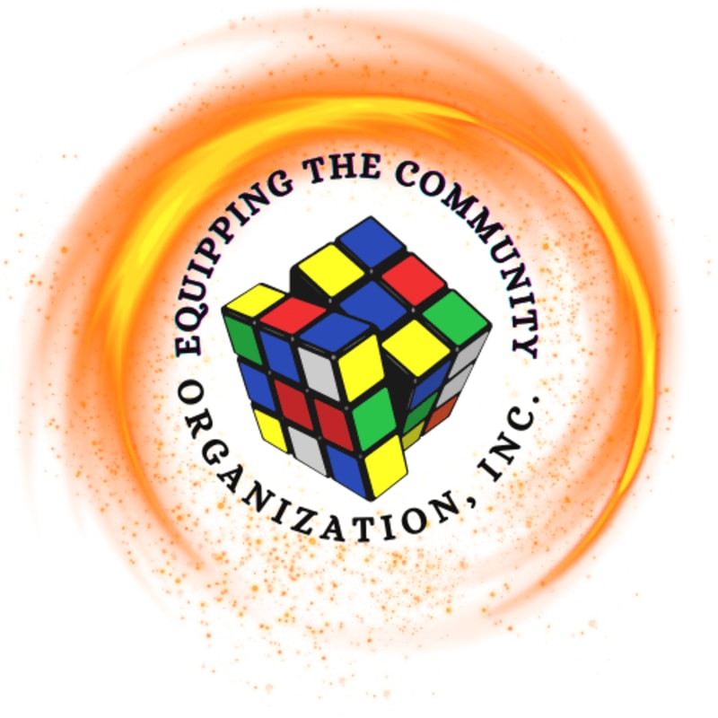 A partially solved Rubik's Cube is centered within a swirling orange and yellow halo, with the words "EQUIPPING THE COMMUNITY ORGANIZATION, INC." encircling it.