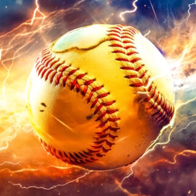 A yellow softball with red stitching is illuminated by bright yellow lightning bolts against a dark, stormy sky.