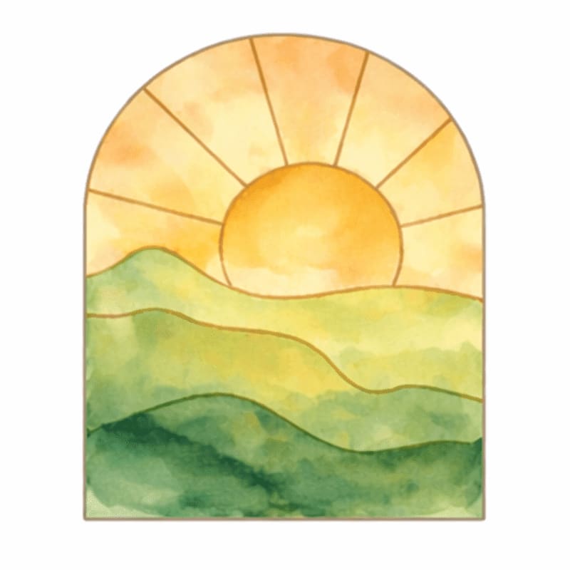 A watercolor sun rises over rolling green hills within an arched frame.