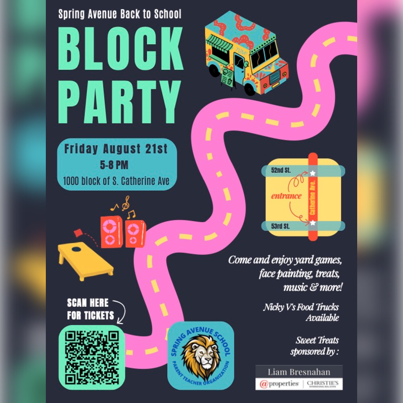 A colorful block party invitation features a pink winding road in the foreground leading to a food truck and event details, set against a dark background with playful graphics.