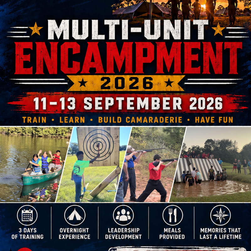 A collage of outdoor activities like canoeing, axe throwing, and target practice is presented against a backdrop of tents and people in a wooded area, promoting a "Multi-Unit Encampment 2026."