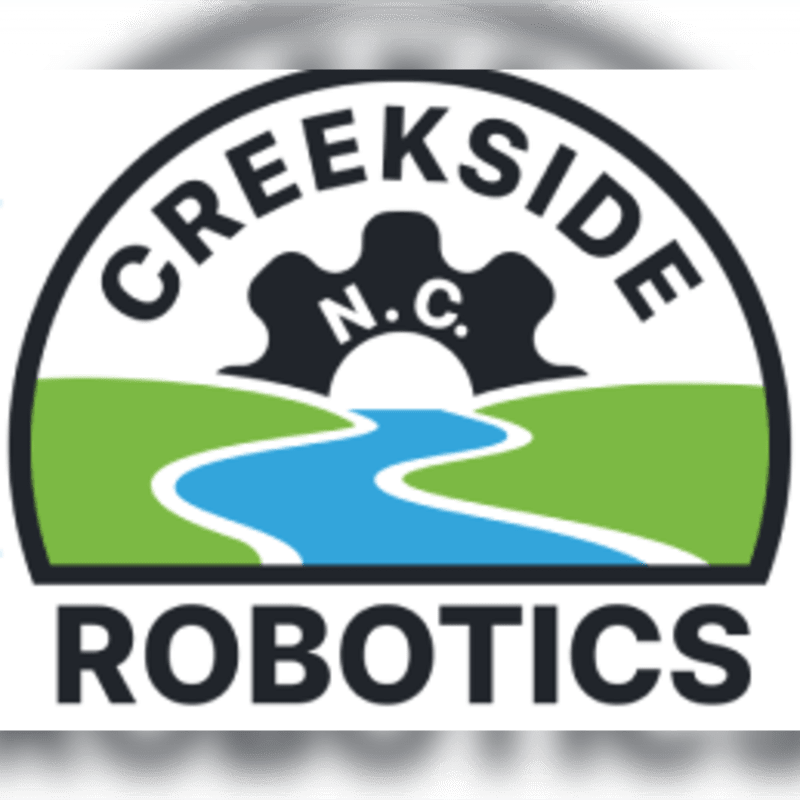 A logo for "CREEKSIDE ROBOTICS" features a blue river flowing through green hills in the foreground, with a black gear-like shape and "N.C." in the background.