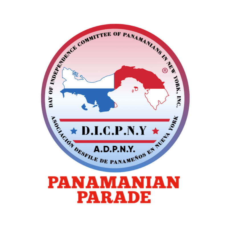 A circular logo featuring a map of Panama in red, white, and blue is superimposed on a white background, with the words "PANAMANIAN PARADE" in bold red letters below.