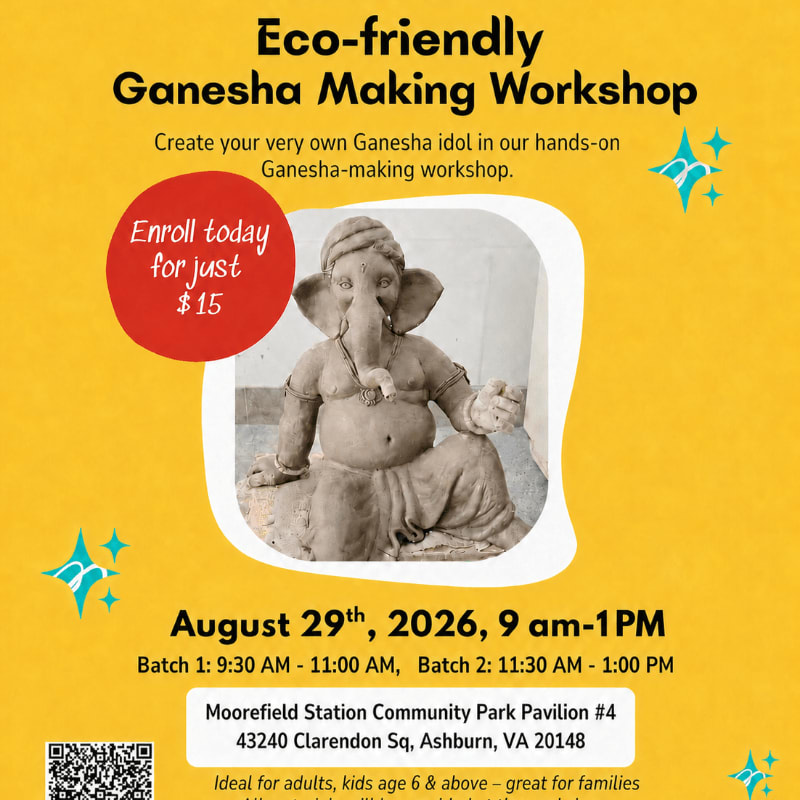 A Ganesha idol is featured in the foreground of a yellow flyer advertising an eco-friendly Ganesha making workshop, with event details and decorative stars in the background.