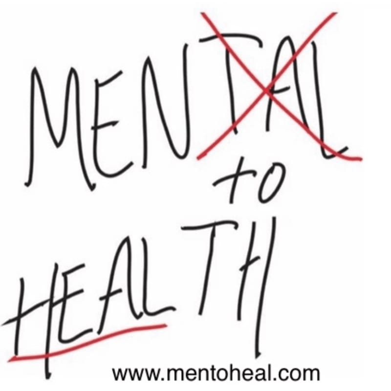 Handwritten text on a white background reads "MENTAL" with a red "X" through it, followed by "to HEALTH" with a red underline, and a website address at the bottom.