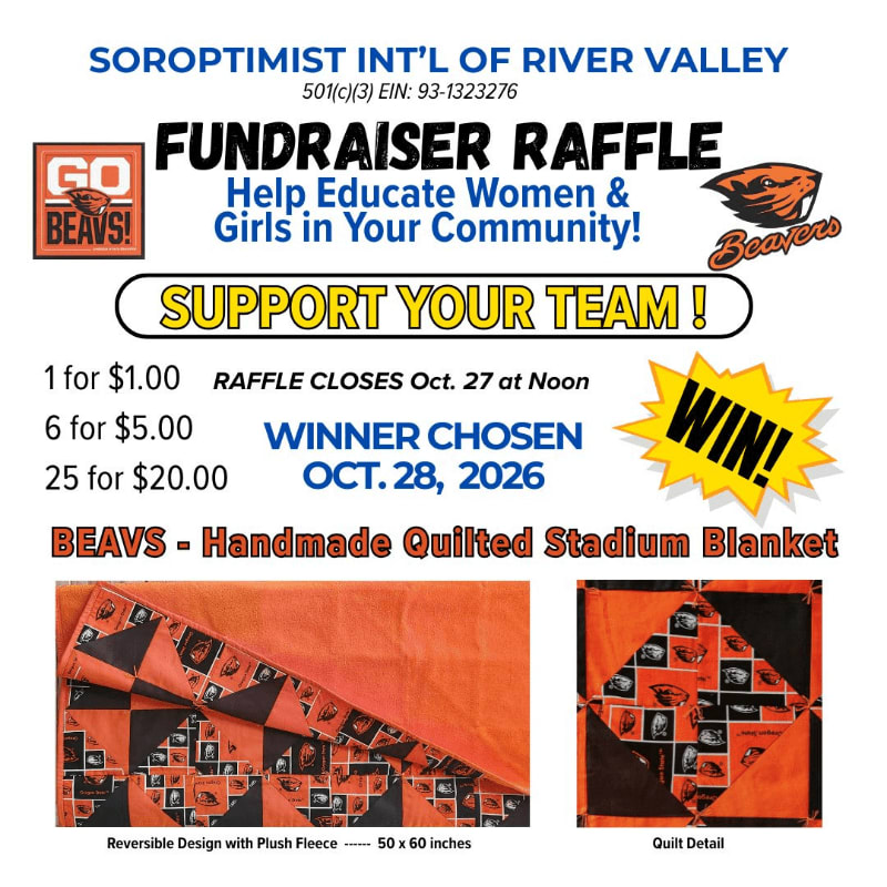 A fundraiser raffle poster for a handmade quilted blanket features raffle ticket prices and details in the foreground, with a "WIN!" burst and Beaver team logos in the background.