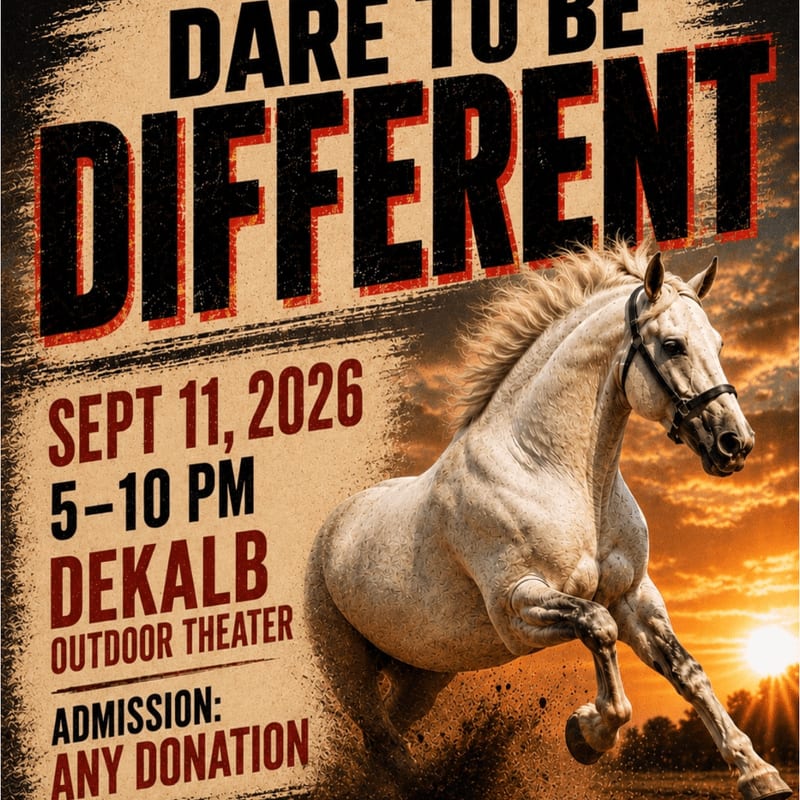 A white horse gallops in the foreground against a sunset sky with event details on the left.