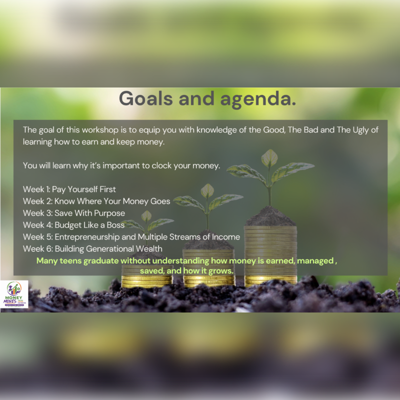 Stacks of coins with plants growing from them are in the foreground, while text detailing workshop goals and agenda is displayed in the background.
