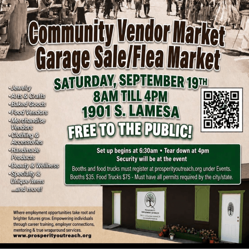 A community vendor market, garage sale, and flea market is advertised with details about date, time, and location in the foreground, set against a background of a building with a QR code and event information.