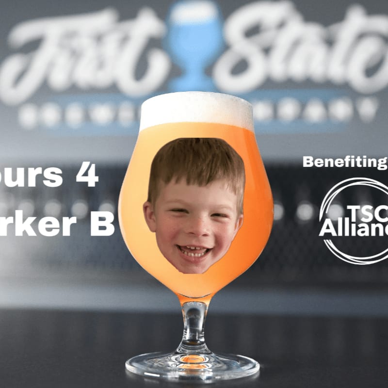 A child's smiling face is superimposed on a beer in a glass, with a brewery logo in the background.