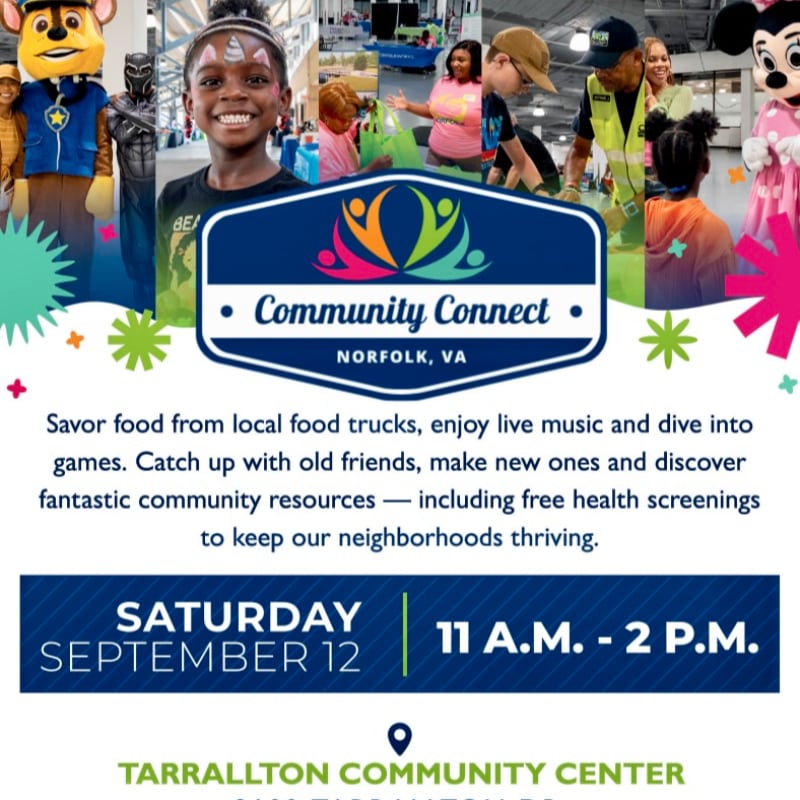 A vibrant collage of community event photos, featuring costumed characters and smiling faces, is overlaid with event details for "Community Connect" in Norfolk, VA.