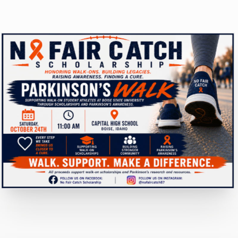 A close-up of a person's legs wearing athletic shoes with "NO FAIR CATCH" printed on them is in the foreground, while the background features a blurred image of people walking and a poster advertising a Parkinson's Walk scholarship event.
