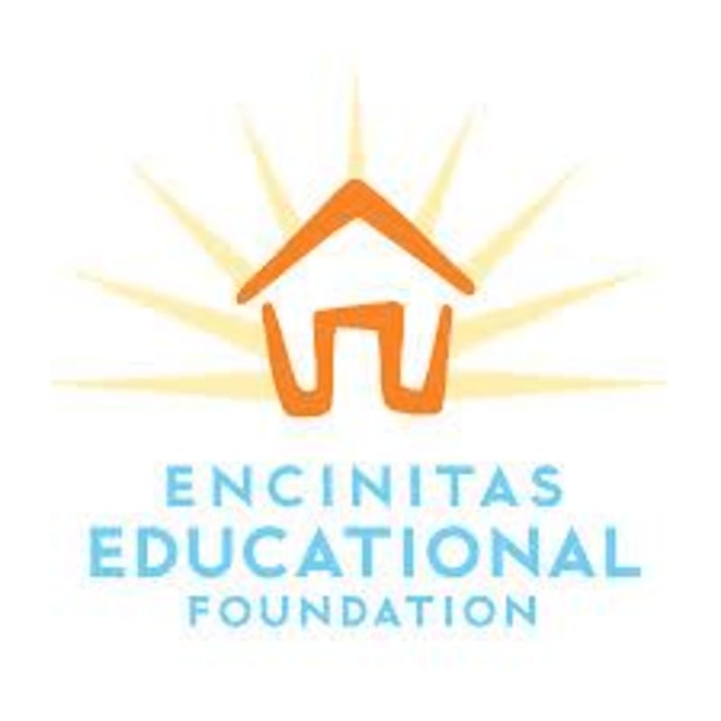 An orange house with a sunburst behind it is centered above the light blue text "ENCINITAS EDUCATIONAL FOUNDATION" on a white background.