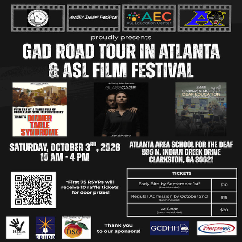 In the foreground, ticket information and a QR code are displayed, while the background features film posters and event details for the GAD Road Tour in Atlanta & ASL Film Festival.