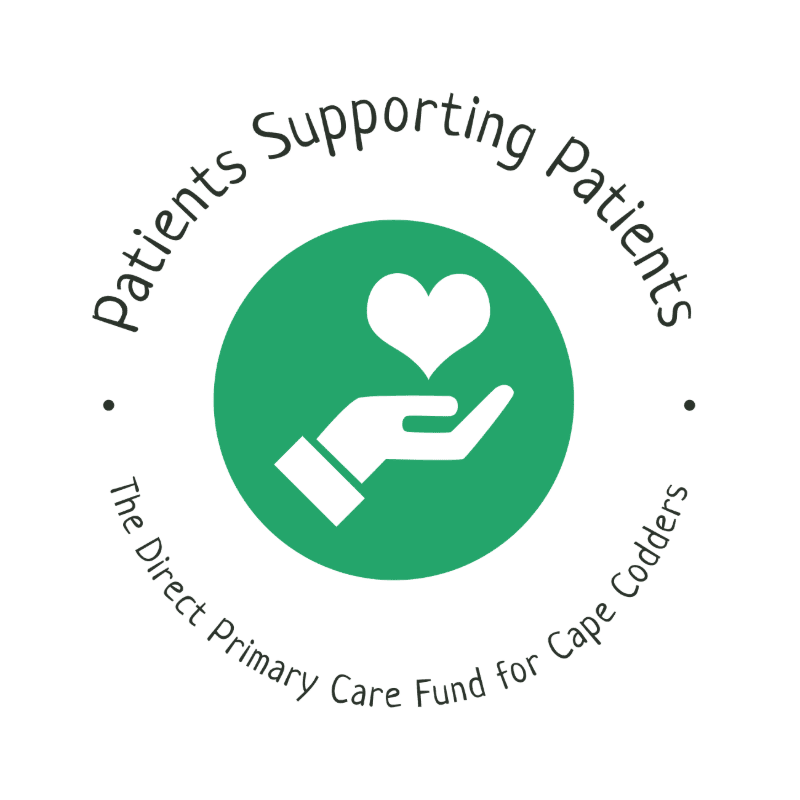 A white hand cradles a white heart within a green circle, surrounded by text that reads "Patients Supporting Patients" and "The Direct Primary Care Fund for Cape Codders" on a white background.
