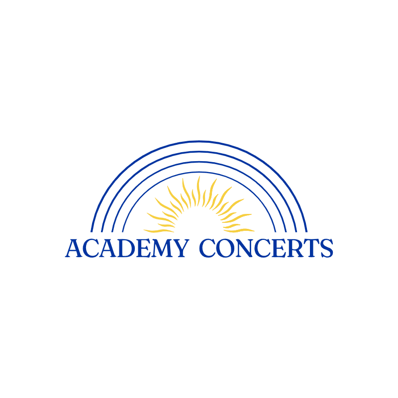 A yellow sunburst with radiating lines is centered behind the words "ACADEMY CONCERTS" in blue, all enclosed within a blue semicircular arch on a white background.