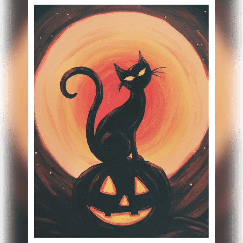 A black cat with glowing yellow eyes sits atop a carved jack-o'-lantern in front of a large, luminous orange moon.