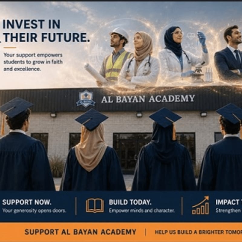 Graduates in caps and gowns face the Al Bayan Academy building, with images of professionals in the background and a call to invest in their future.