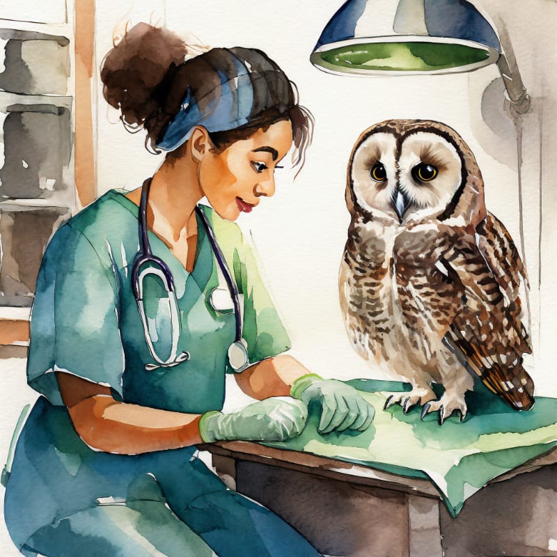 A veterinarian in green scrubs and gloves gently examines a perched owl under a medical lamp in a softly lit room.