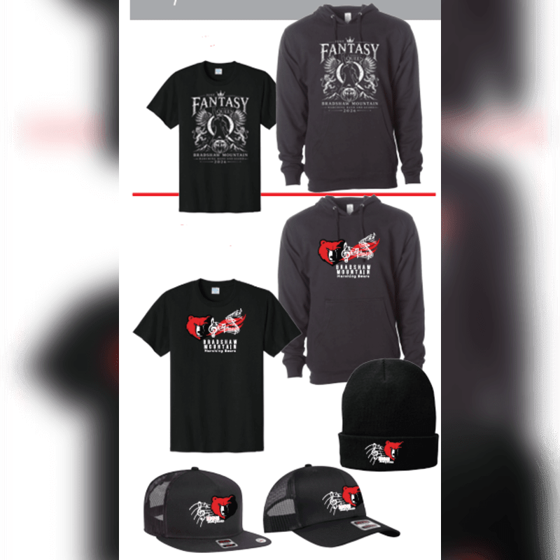 Black t-shirts, hoodies, a beanie, and trucker hats with "Fantasy" and "Dragonborn Mountain" graphics are displayed against a blurred, light-colored background.
