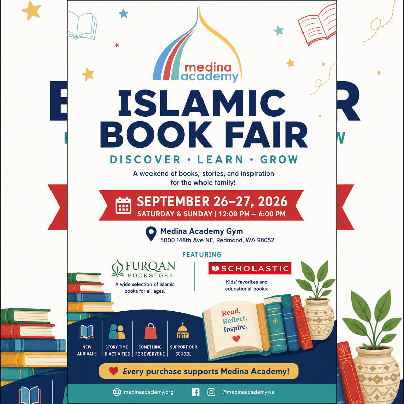 A colorful flyer for the Medina Academy Islamic Book Fair on September 26-27, 2026, features stacks of books and potted plants in the foreground against a background of stars and Islamic architectural motifs.