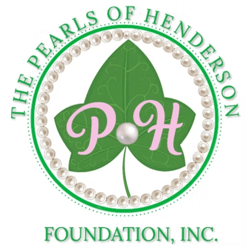 A green ivy leaf with pink "PH" initials and a pearl in the foreground is surrounded by a pearl-lined green circle with text "THE PEARLS OF HENDERSON" above and "FOUNDATION, INC." below.
